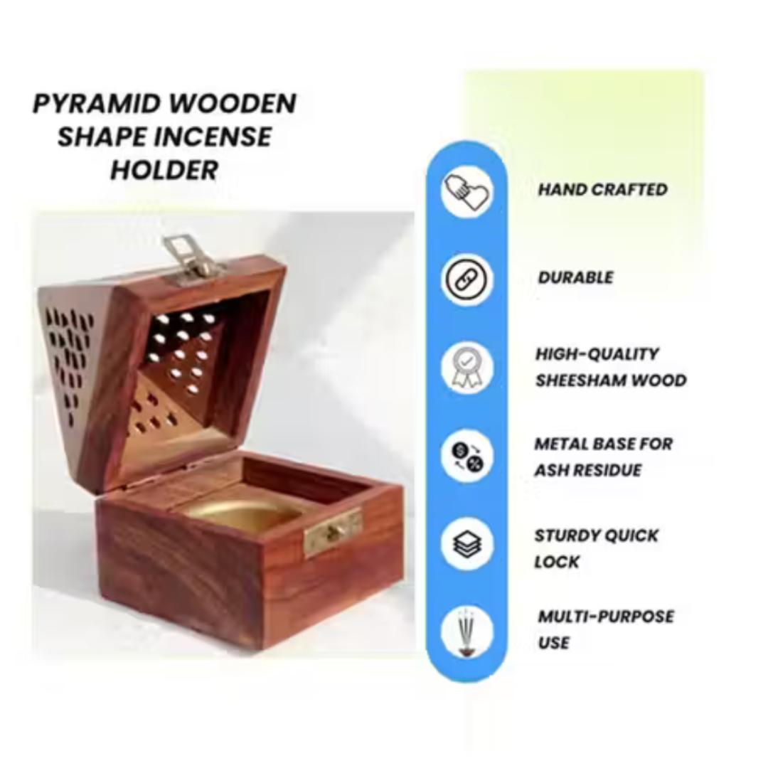 Pyramid Wooden Incense Burner with Multi Purpose Use for Like Dhoop,Camphor by Handmade (Small)