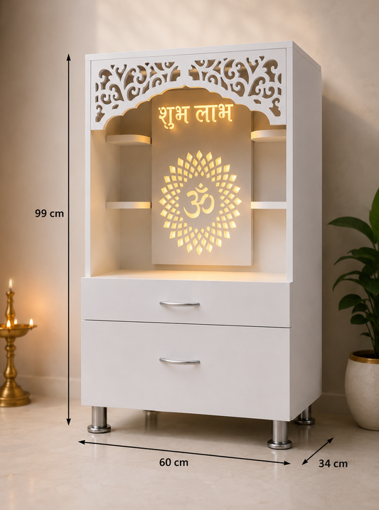 Handcrafted Wooden Home Mandir with LED Backlit Om Panel (99 × 60 × 34 cm)