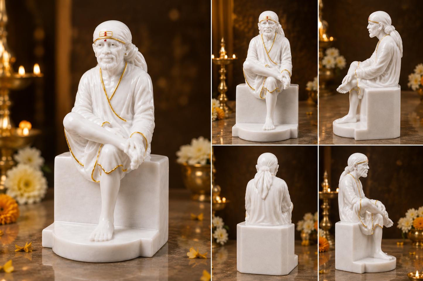 Pure White Marble Shirdi Sai Baba Idol – 9 Inch | Handcrafted Sangmarmar Murti for Home Temple, Office & Spiritual Décor