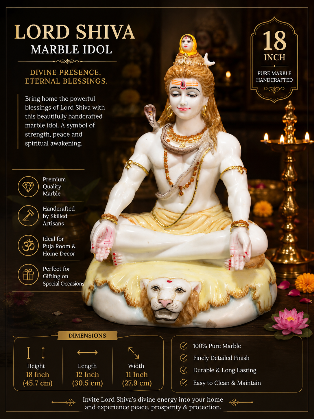 Lord Shiva Marble Idol – 18 Inch Premium Handcrafted Pure Marble Murti for Home Temple & Spiritual Decor