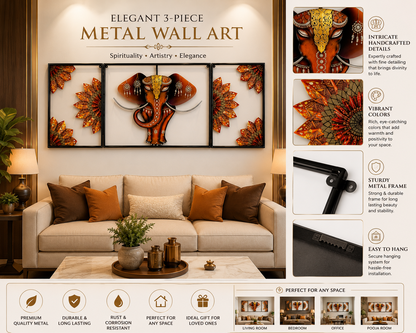 Elegant 3-Piece Lord Ganesha Metal Wall Art