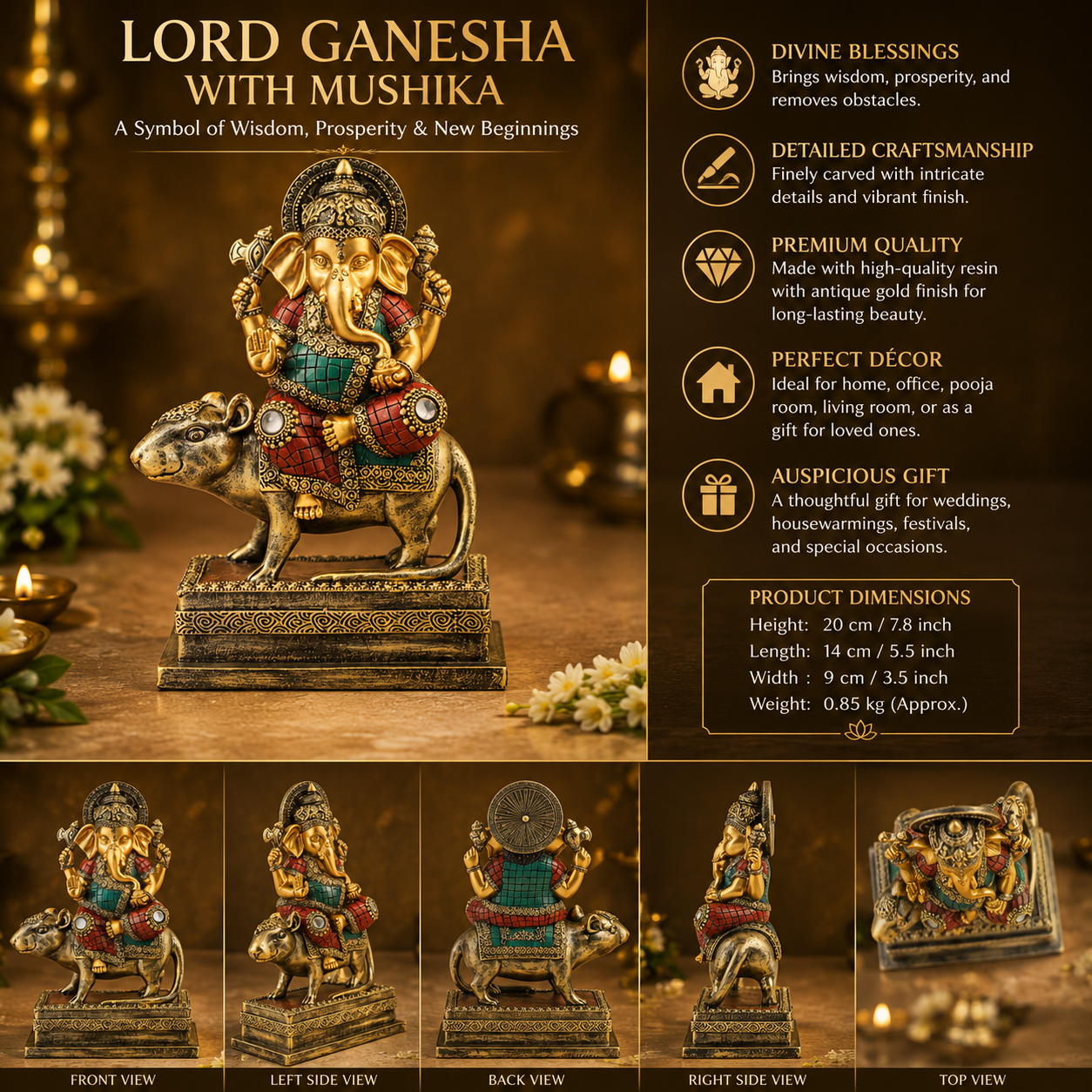 Lord Ganesha with Mushika – Premium Resin Idol