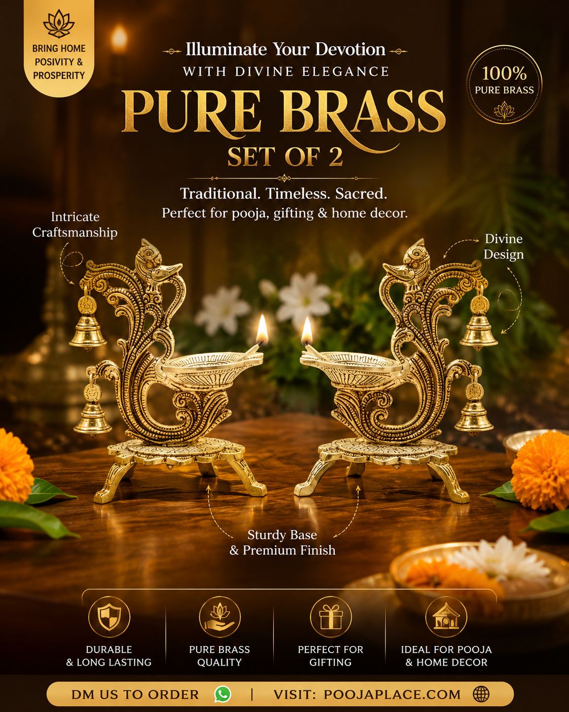 Pure Brass Peacock Diya Set of 2