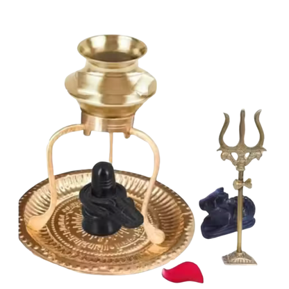 Nandi with Black Shivling + Plate + Tipahee + Brass Trishul – Puja Samagri WITH FREE HARIDWAR BRAHMKUND GANGAJAL 60 ML