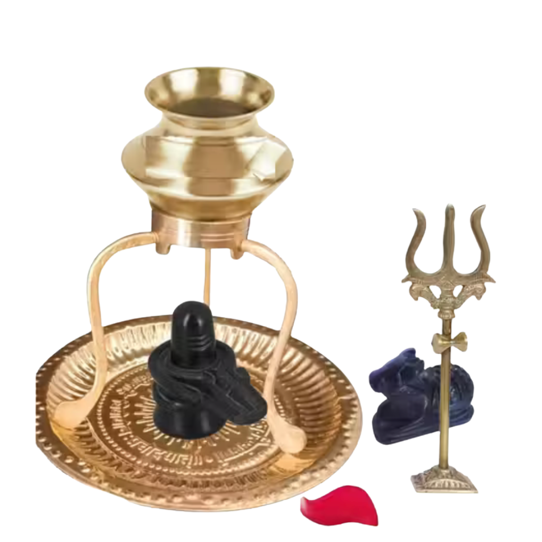 Nandi with Black Shivling + Plate + Tipahee + Brass Trishul – Puja Samagri WITH FREE HARIDWAR BRAHMKUND GANGAJAL 60 ML