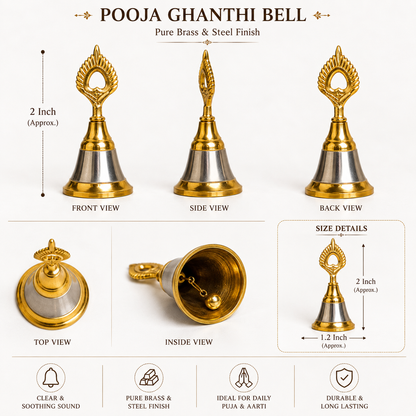 Pooja Ghanthi Bell – Pure Brass & Steel Finish Hand Bell for Puja, Aarti, Temple & Home | 2 Inch