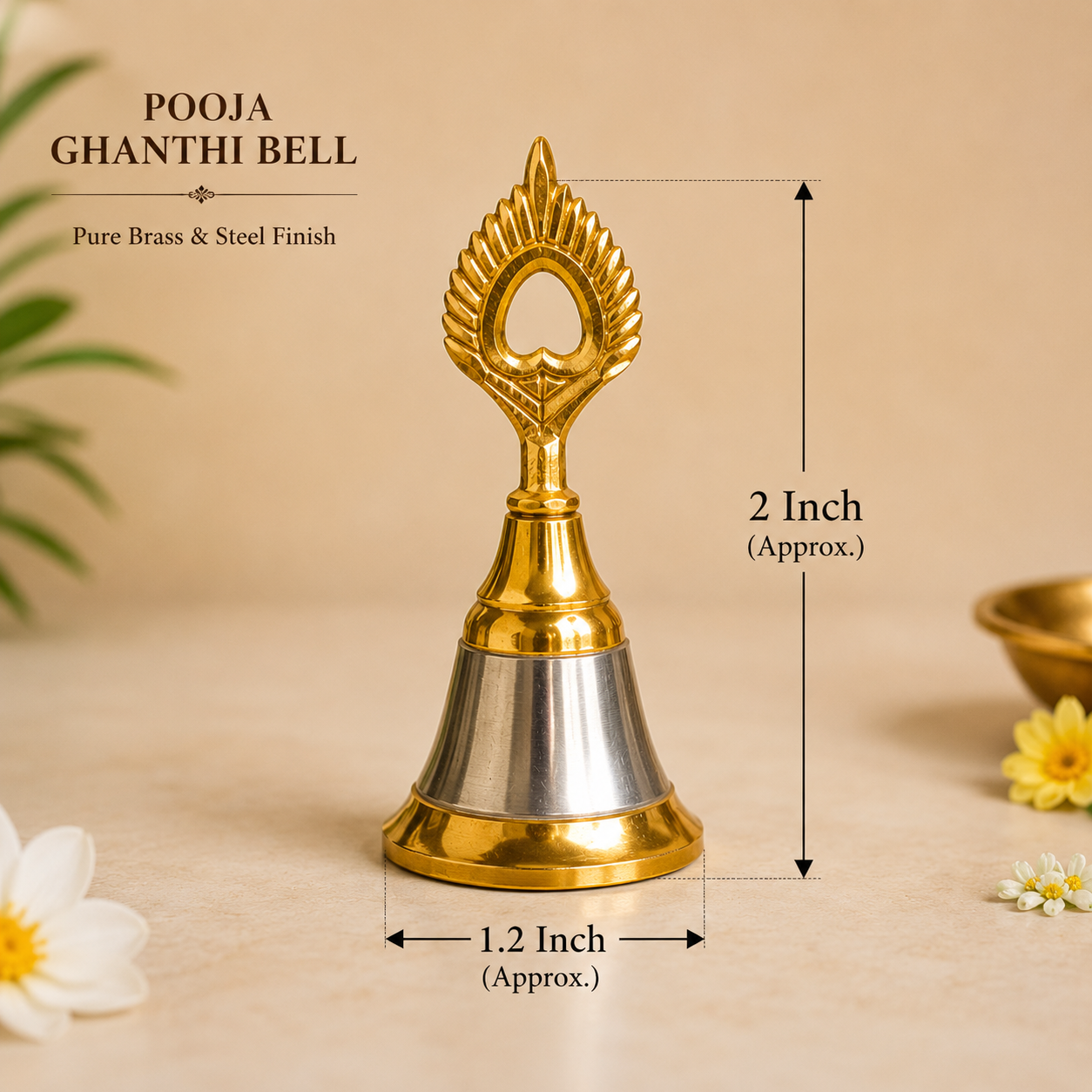 Pooja Ghanthi Bell – Pure Brass & Steel Finish Hand Bell for Puja, Aarti, Temple & Home | 2 Inch