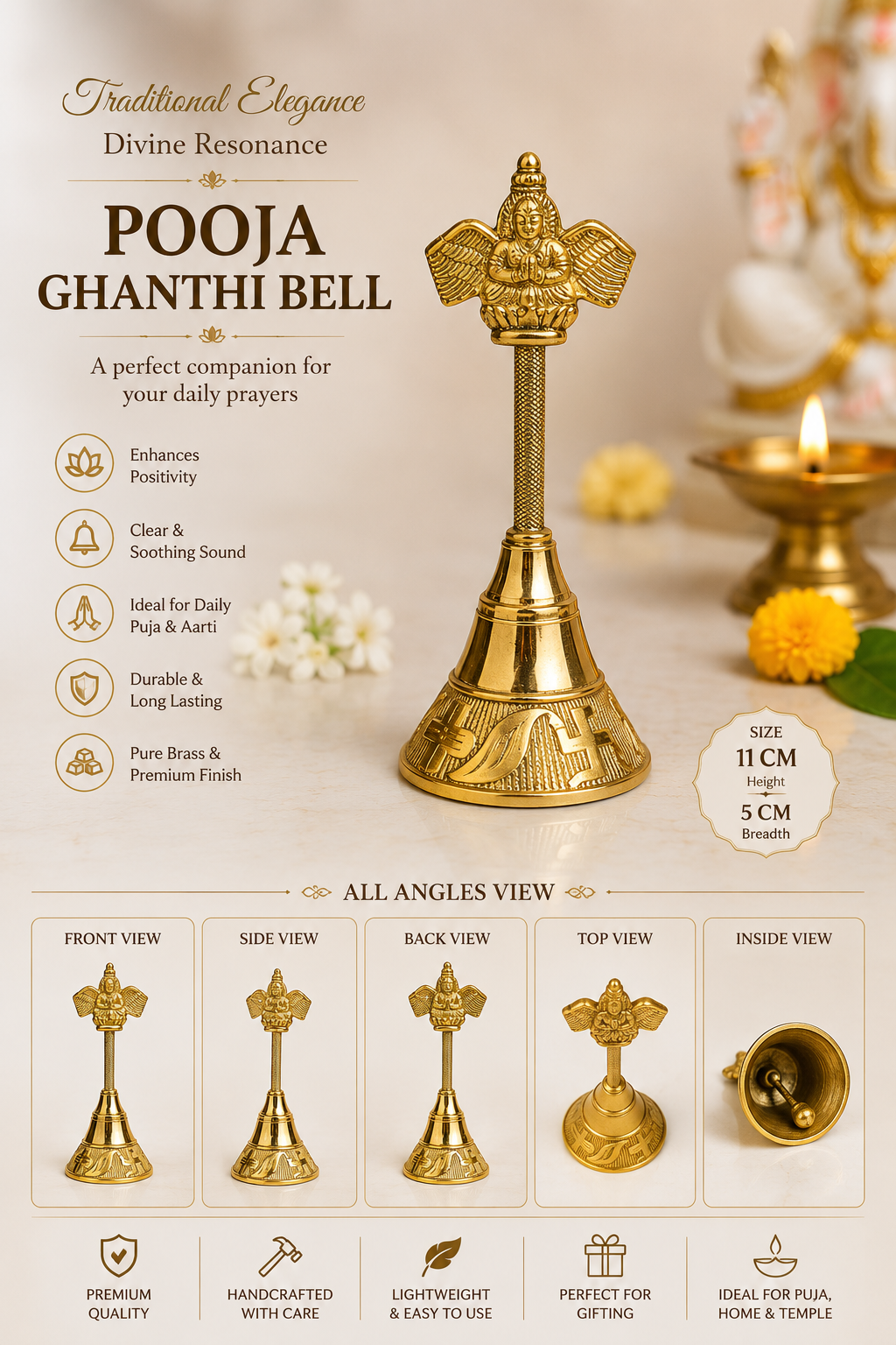Pooja Ghanthi Bell with Garuda Handle – Pure Brass Hand Bell for Puja, Aarti, Temple & Home | 11 cm