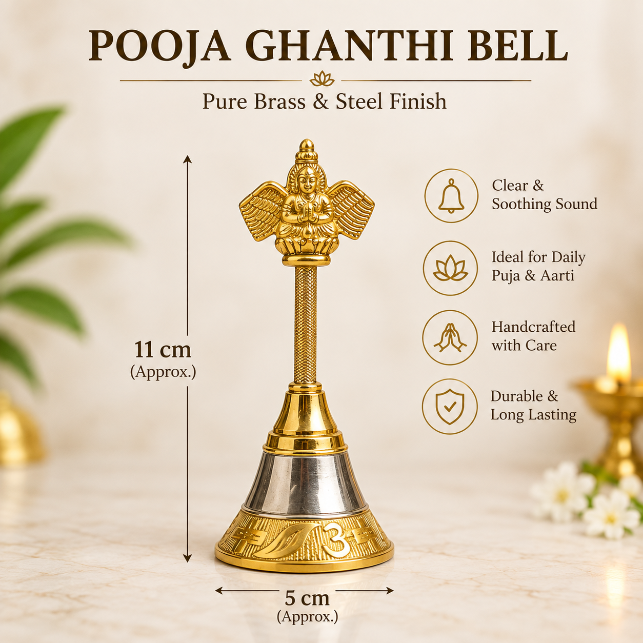 Pooja Ghanthi Bell with Garuda Handle – Pure Brass Hand Bell for Puja, Aarti, Temple & Home | 11 cm