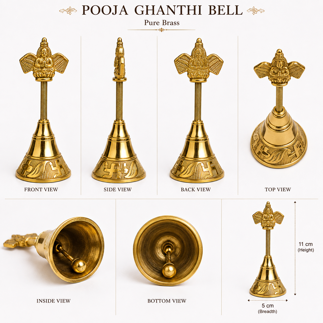 Pooja Ghanthi Bell with Garuda Handle – Pure Brass Hand Bell for Puja, Aarti, Temple & Home | 11 cm