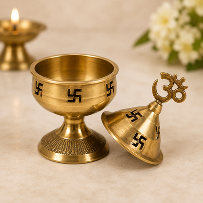 Brass Pooja Container with Om Lid – Pure Brass Kumkum Box for Puja, Tilak, Haldi, Kumkum & Temple Use | 12.5 cm