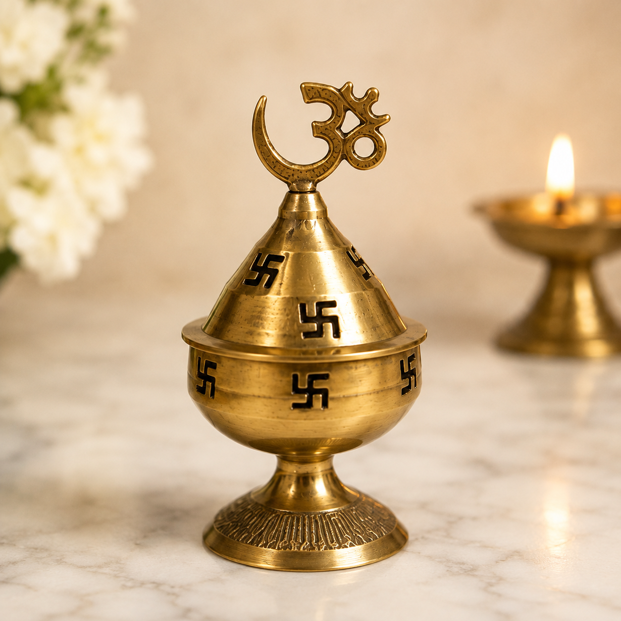 Brass Pooja Container with Om Lid – Pure Brass Kumkum Box for Puja, Tilak, Haldi, Kumkum & Temple Use | 12.5 cm