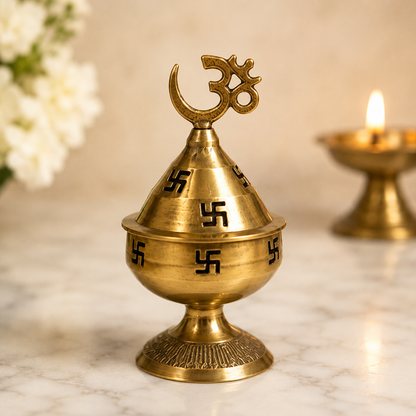 Brass Pooja Container with Om Lid – Pure Brass Kumkum Box for Puja, Tilak, Haldi, Kumkum & Temple Use | 12.5 cm
