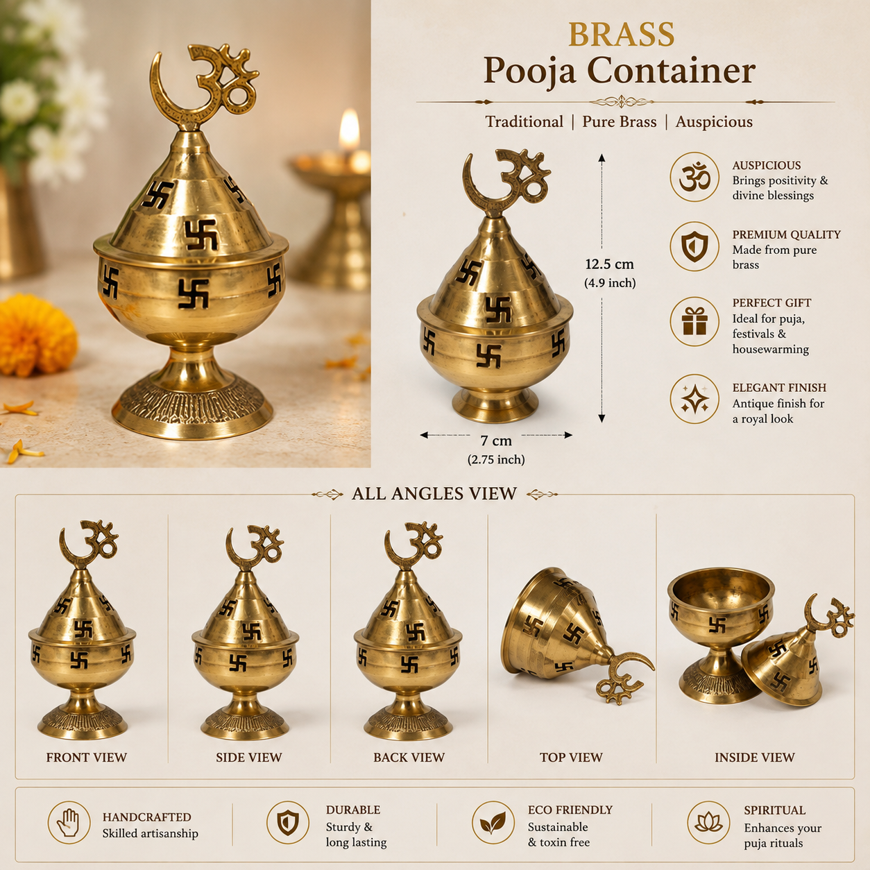 Brass Pooja Container with Om Lid – Pure Brass Kumkum Box for Puja, Tilak, Haldi, Kumkum & Temple Use | 12.5 cm