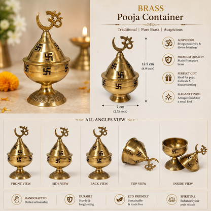 Brass Pooja Container with Om Lid – Pure Brass Kumkum Box for Puja, Tilak, Haldi, Kumkum & Temple Use | 12.5 cm