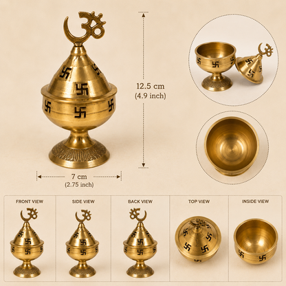 Brass Pooja Container with Om Lid – Pure Brass Kumkum Box for Puja, Tilak, Haldi, Kumkum & Temple Use | 12.5 cm