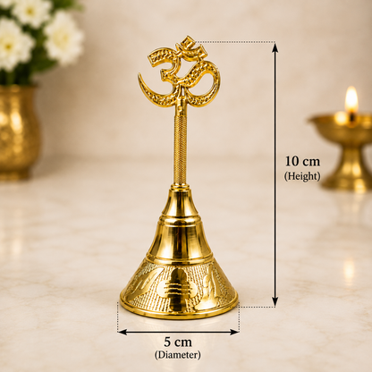 Om Brass Hand Bell (Ghanti) – Premium Handcrafted Brass Puja Bell with Om Handle | 10 cm