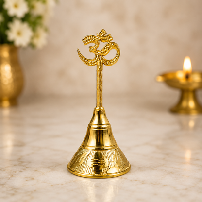 Om Brass Hand Bell (Ghanti) – Premium Handcrafted Brass Puja Bell with Om Handle | 10 cm