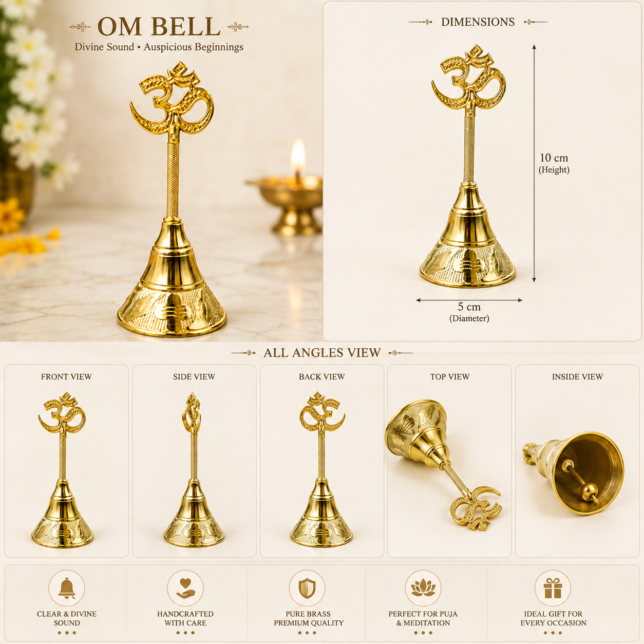 Om Brass Hand Bell (Ghanti) – Premium Handcrafted Brass Puja Bell with Om Handle | 10 cm