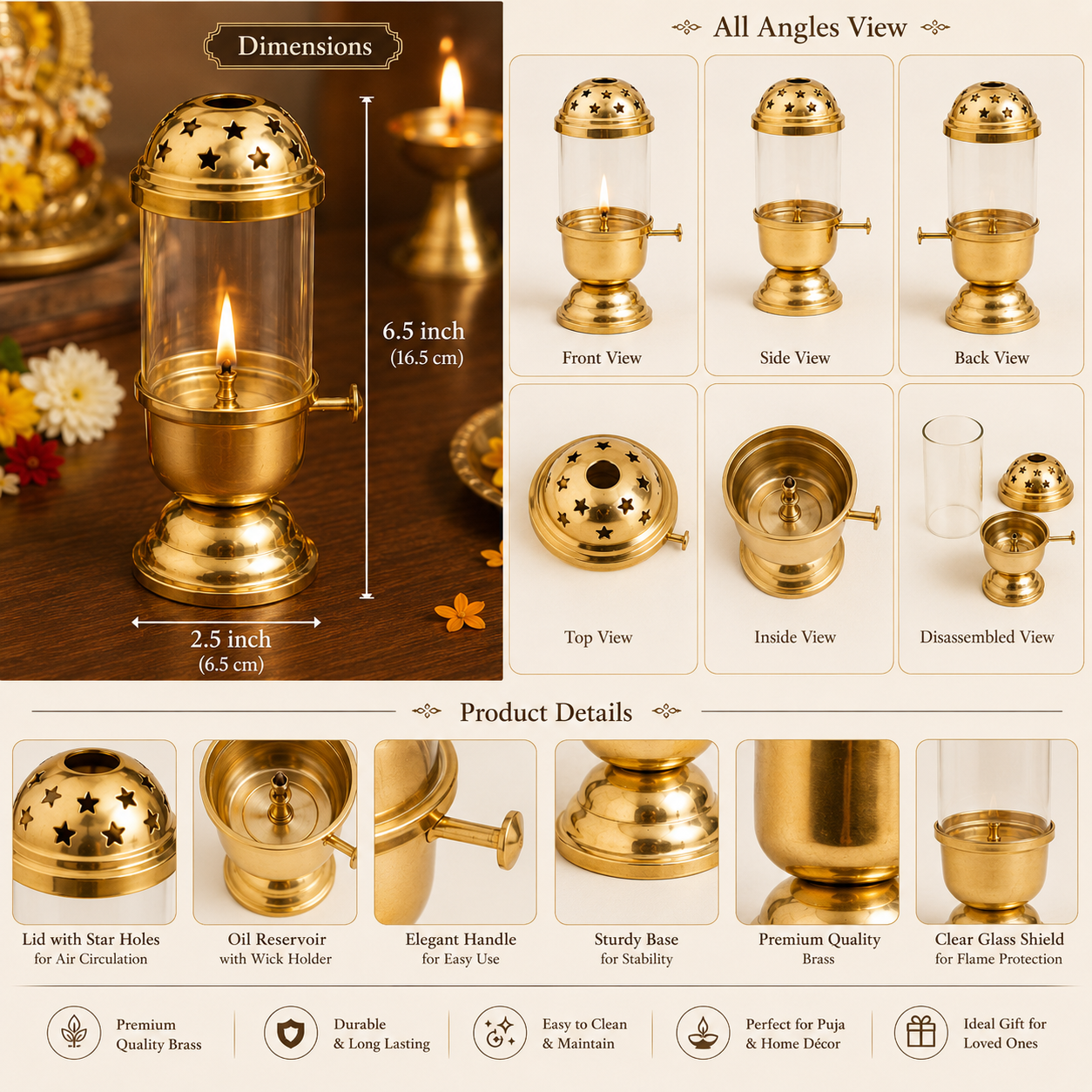 Brass Akhand Diya with Glass Cover – Premium Brass Oil Lamp for Puja, Temple & Home Décor | 6.5 Inch