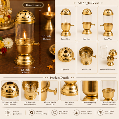 Brass Akhand Diya with Glass Cover – Premium Brass Oil Lamp for Puja, Temple & Home Décor | 6.5 Inch