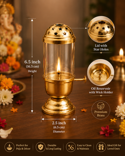 Brass Akhand Diya with Glass Cover – Premium Brass Oil Lamp for Puja, Temple & Home Décor | 6.5 Inch