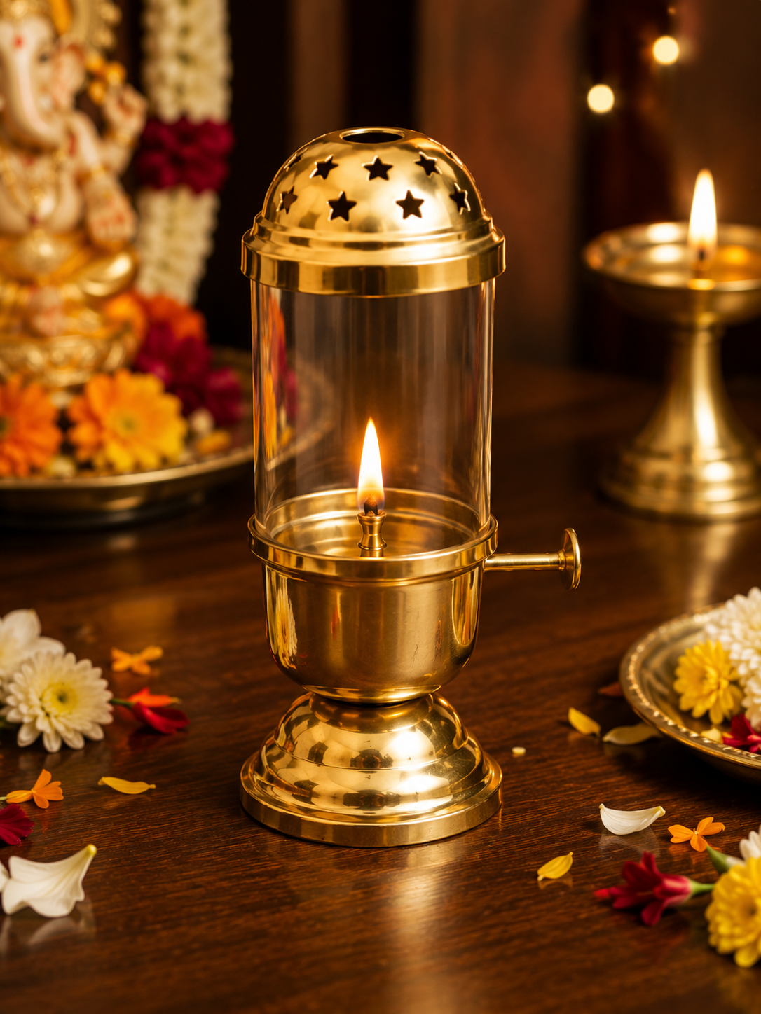 Brass Akhand Diya with Glass Cover – Premium Brass Oil Lamp for Puja, Temple & Home Décor | 6.5 Inch