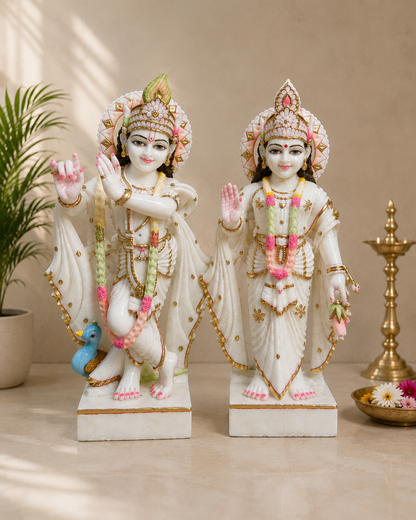 2.5 Ft Premium White Marble Radha Krishna Idol Set | Handcrafted Marble Murti Pair for Home Temple, Mandir & Spiritual Décor