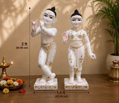 2 Ft Pure ISKCON White Marble Bal Krishna & Radha Idol Set | Handcrafted Marble Murti Pair for Home Temple, Mandir & Spiritual Décor