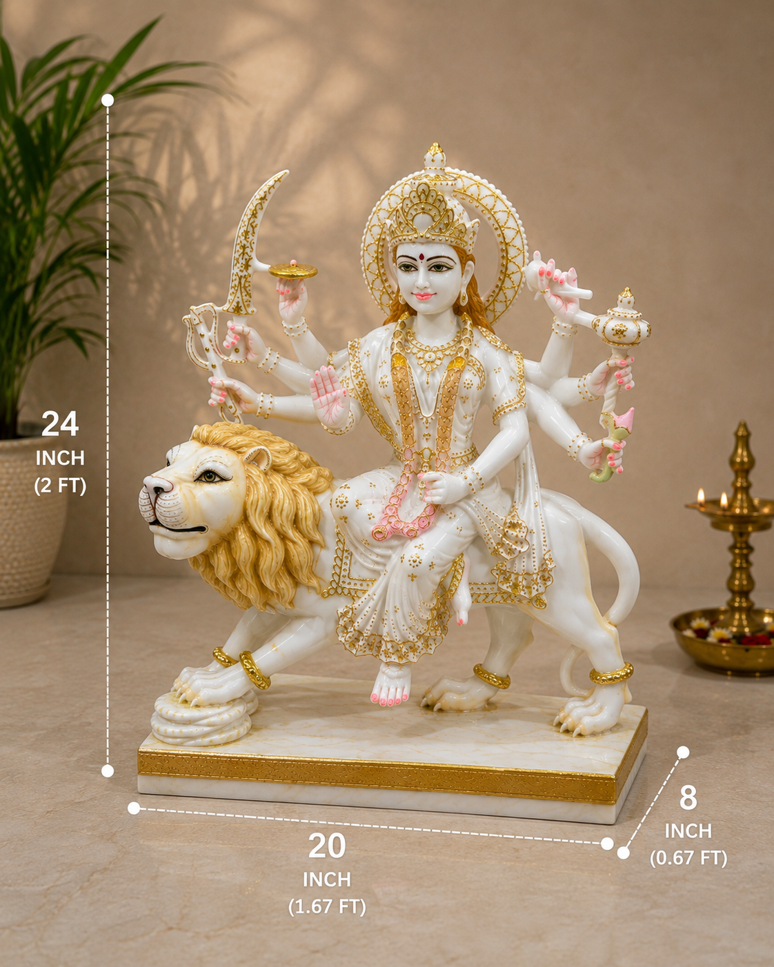 24 Inch Premium White Marble Maa Durga Idol on Lion – Handcrafted Divine Murti for Home & Temple
