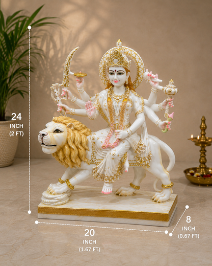 24 Inch Premium White Marble Maa Durga Idol on Lion – Handcrafted Divine Murti for Home & Temple