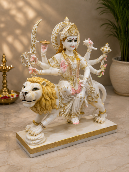 24 Inch Premium White Marble Maa Durga Idol on Lion – Handcrafted Divine Murti for Home & Temple