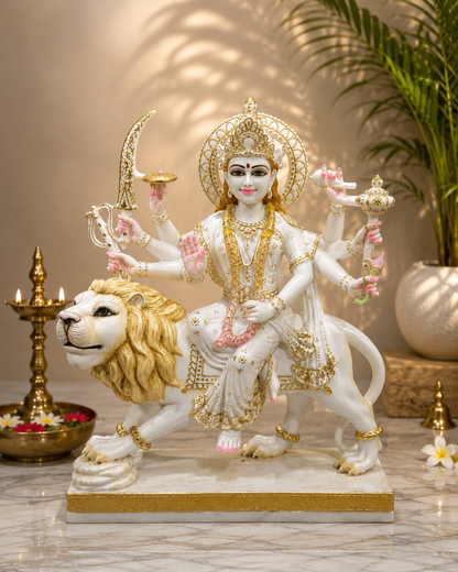 24 Inch Premium White Marble Maa Durga Idol on Lion – Handcrafted Divine Murti for Home & Temple
