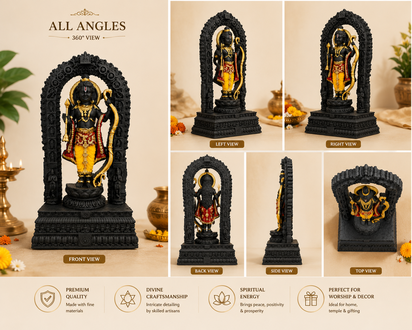 Schwarze Ram Lala Statue mit Bogen 15 Zoll