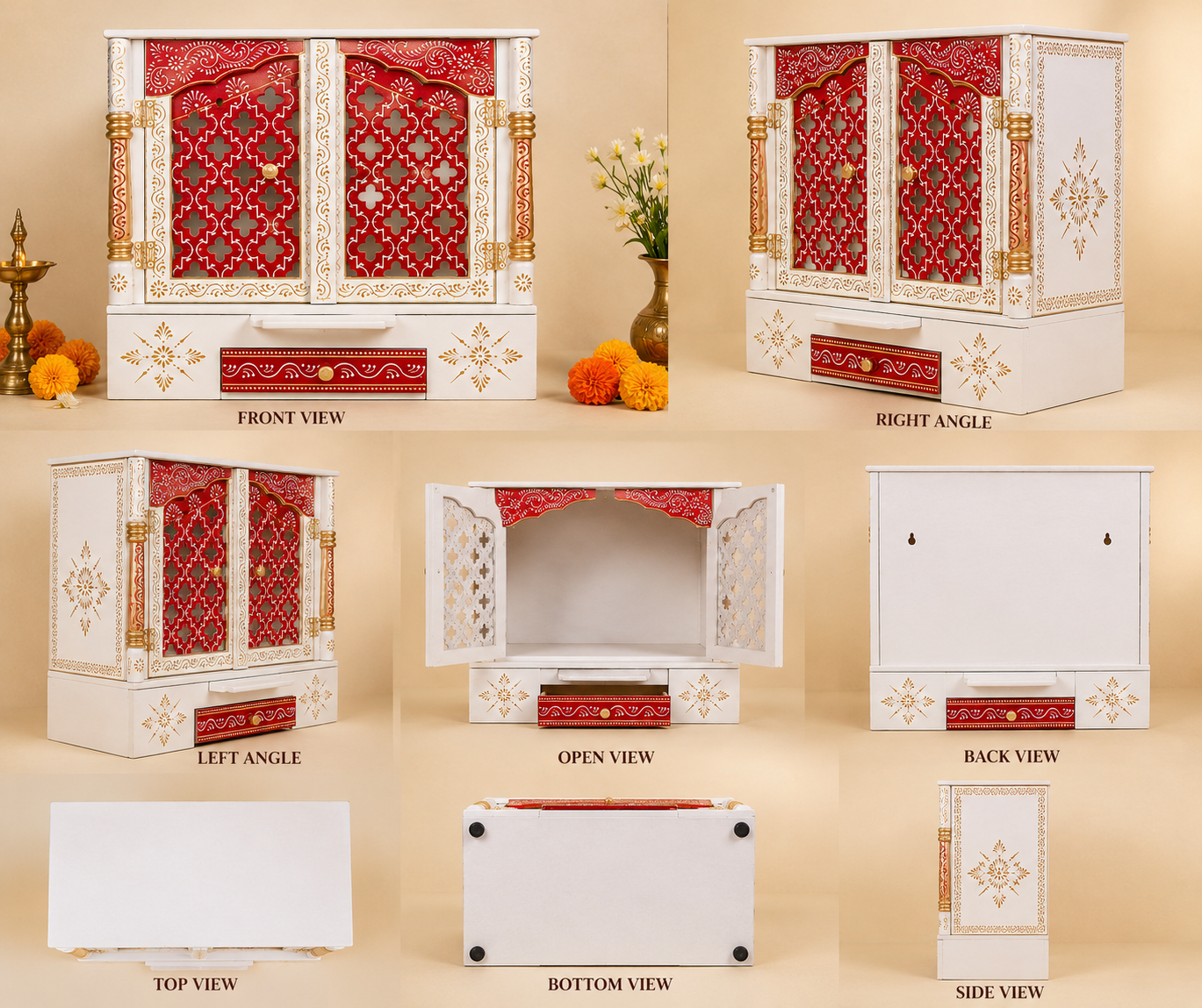 Handcrafted Wooden Home Mandir with Vibrant Red Embossed Art  (45 × 40 × 25 cm)