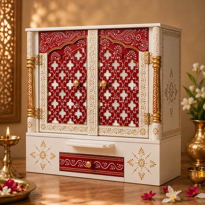 Handcrafted Wooden Home Mandir with Vibrant Red Embossed Art  (45 × 40 × 25 cm)