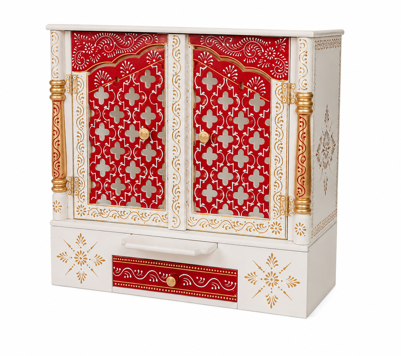 Handcrafted Wooden Home Mandir with Vibrant Red Embossed Art  (45 × 40 × 25 cm)