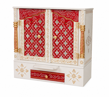 Handcrafted Wooden Home Mandir with Vibrant Red Embossed Art  (45 × 40 × 25 cm)