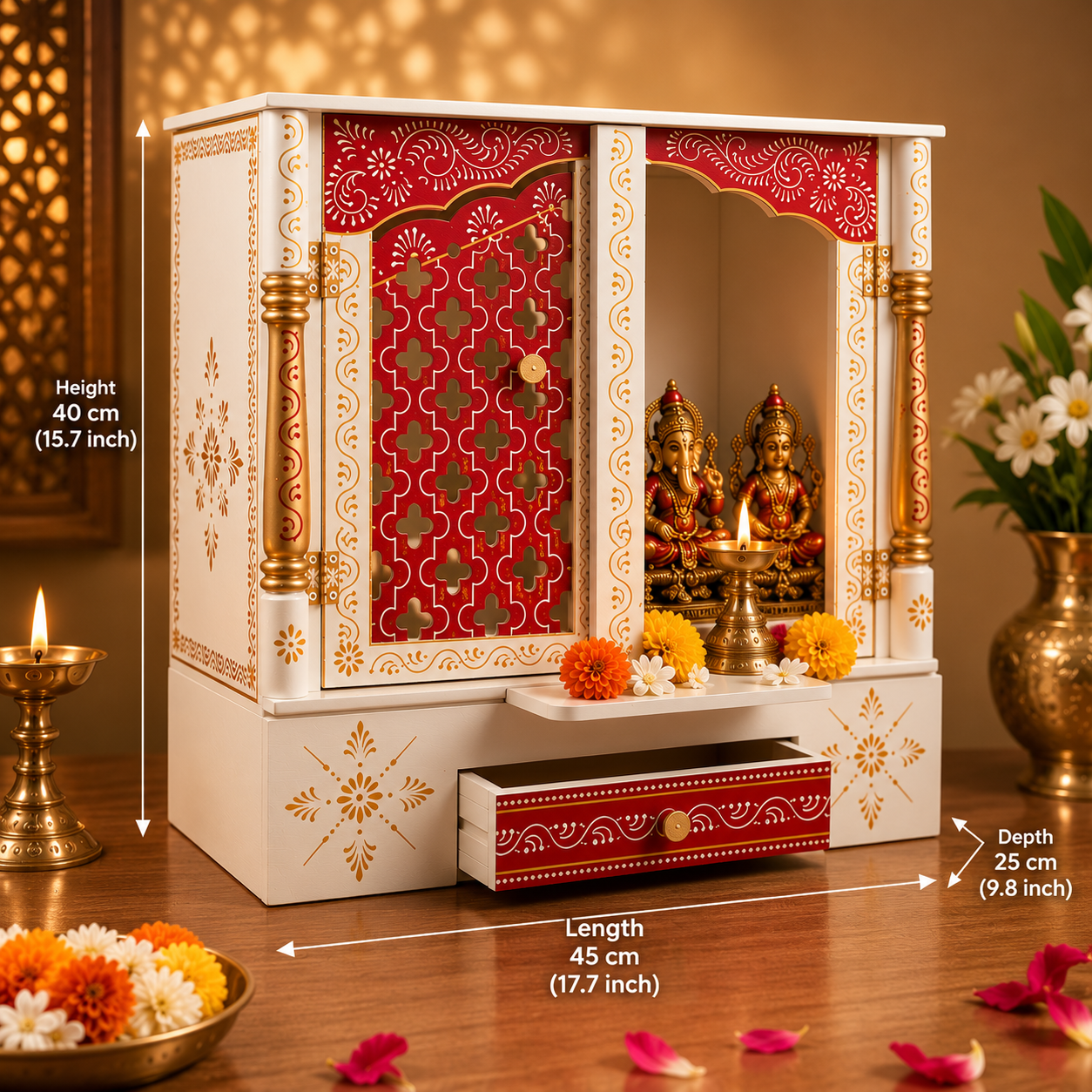 Handcrafted Wooden Home Mandir with Vibrant Red Embossed Art  (45 × 40 × 25 cm)