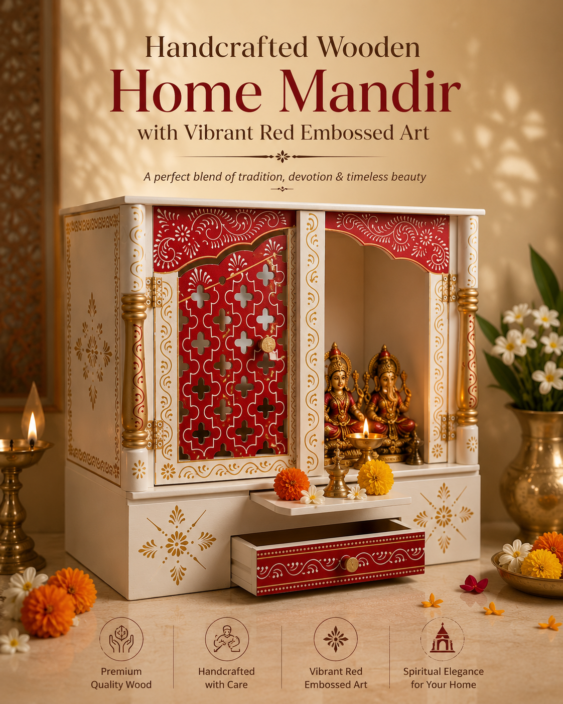 Handcrafted Wooden Home Mandir with Vibrant Red Embossed Art  (45 × 40 × 25 cm)