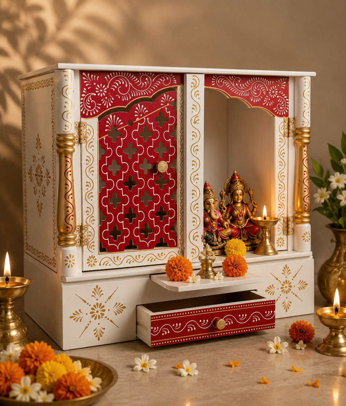 Handcrafted Wooden Home Mandir with Vibrant Red Embossed Art  (45 × 40 × 25 cm)