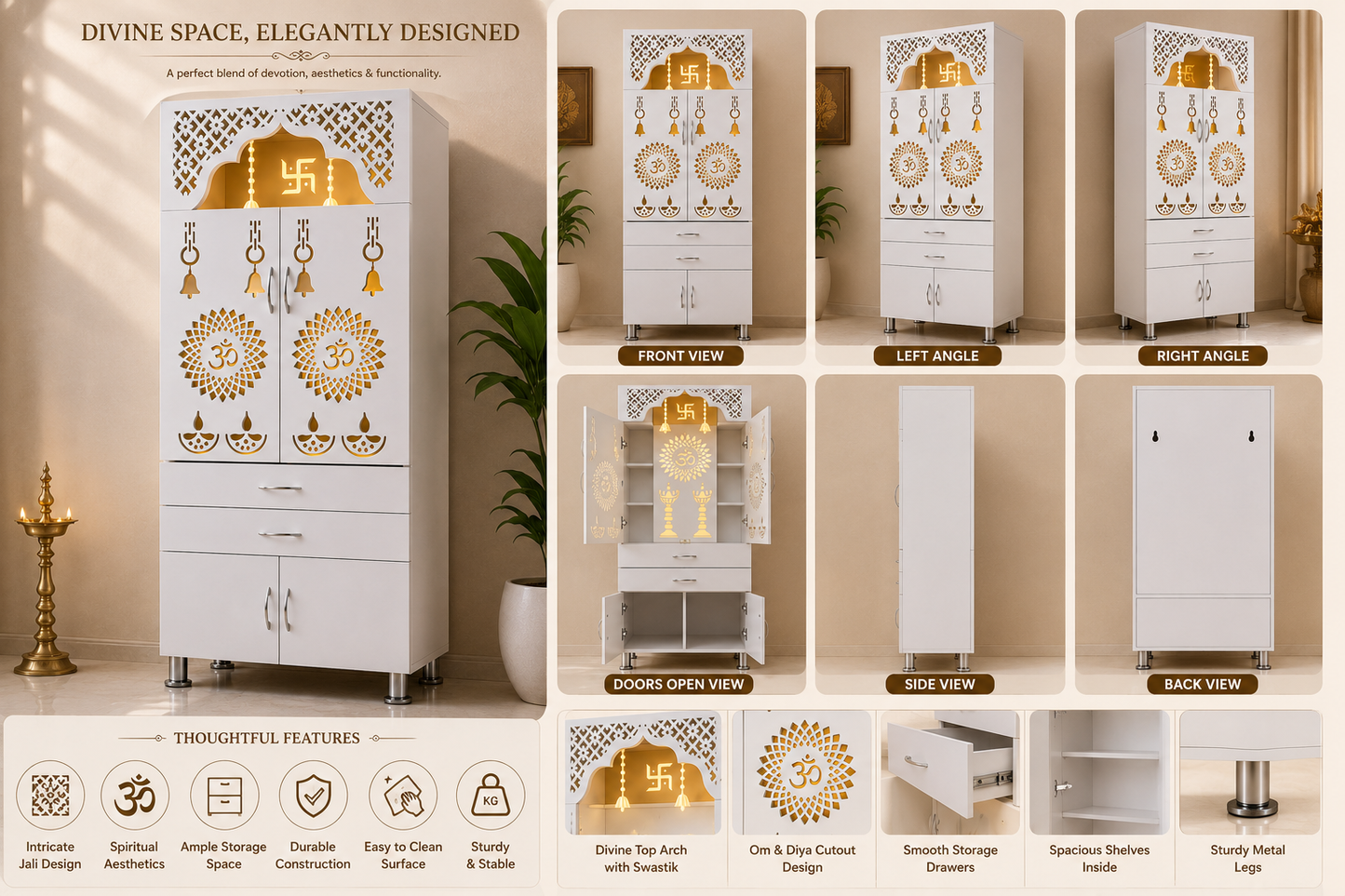 Handcrafted Wooden Home Mandir | White Wooden Temple for Home (145 × 60 × 34 cm