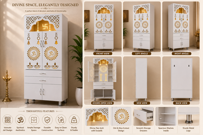 Handcrafted Wooden Home Mandir | White Wooden Temple for Home (145 × 60 × 34 cm