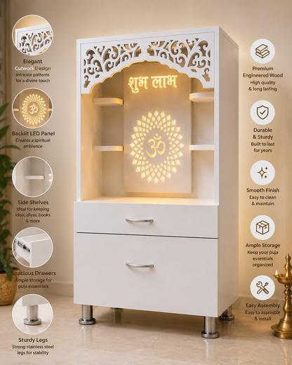 Handcrafted Wooden Home Mandir with LED Backlit Om Panel (99 × 60 × 34 cm)
