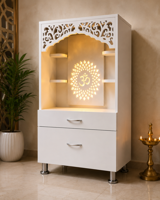 Handcrafted Wooden Home Mandir with LED Backlit Om Panel (99 × 60 × 34 cm)