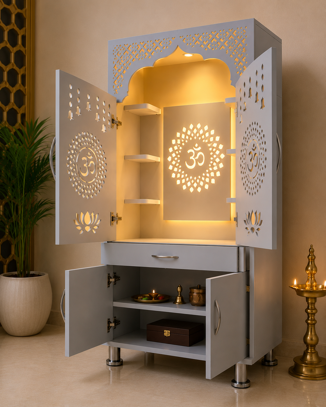 Premium Wooden Home Mandir with LED Backlit Om Design | White Pooja Cabinet with Storage | 130 × 60 × 34 cm