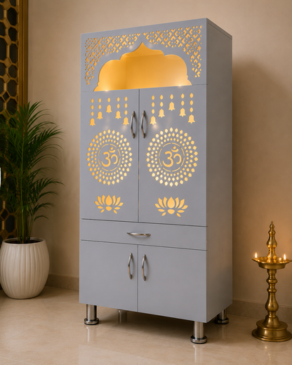 Premium Wooden Home Mandir with LED Backlit Om Design | White Pooja Cabinet with Storage | 130 × 60 × 34 cm