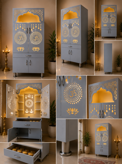Premium Wooden Home Mandir with LED Backlit Om Design | White Pooja Cabinet with Storage | 130 × 60 × 34 cm
