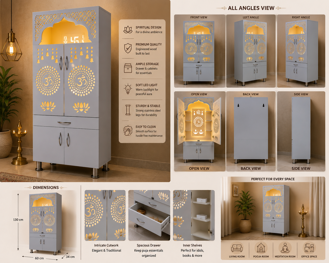 Premium Wooden Home Mandir with LED Backlit Om Design | White Pooja Cabinet with Storage | 130 × 60 × 34 cm