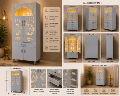Premium Wooden Home Mandir with LED Backlit Om Design | White Pooja Cabinet with Storage | 130 × 60 × 34 cm